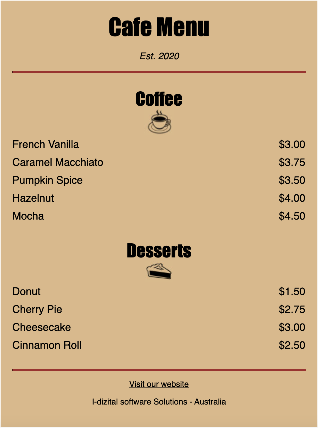 Cafe Menu